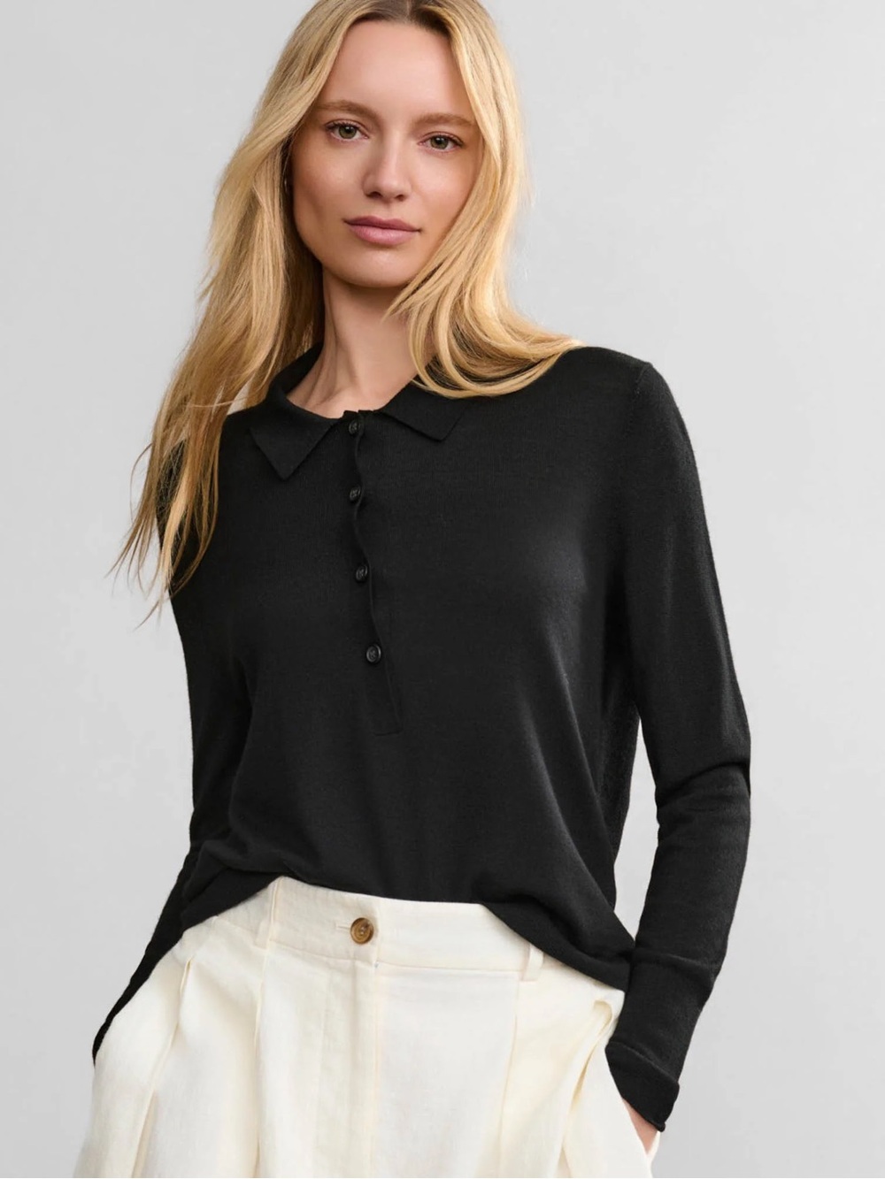 NEW Jenni Kayne Grayson Polo Merino Wool Long Sleeve Sweater Black | size M